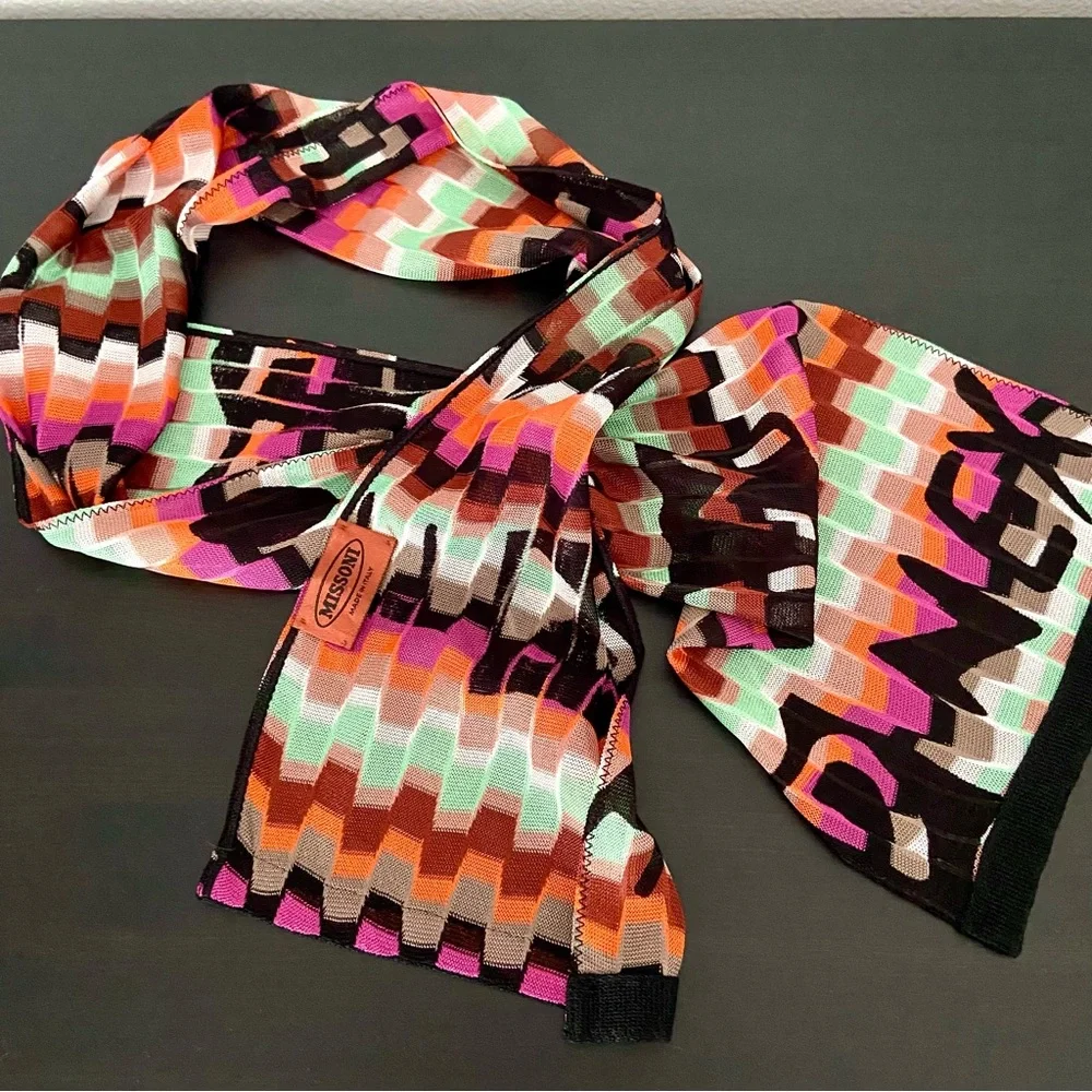 Missoni Multicolor Crochet Knit Pleated Scarf Italy